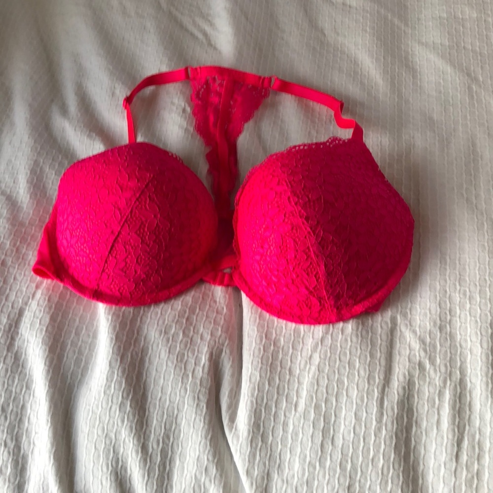 Lace racer back front clasp hot pink bra